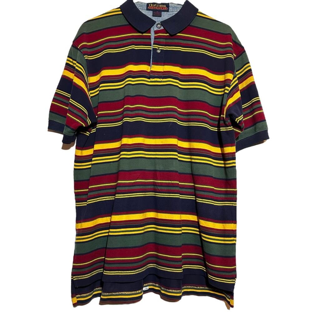 Vintage Old School Clothing Co Polo 80s 100% Cotton Striped Short Sleeve Blue M